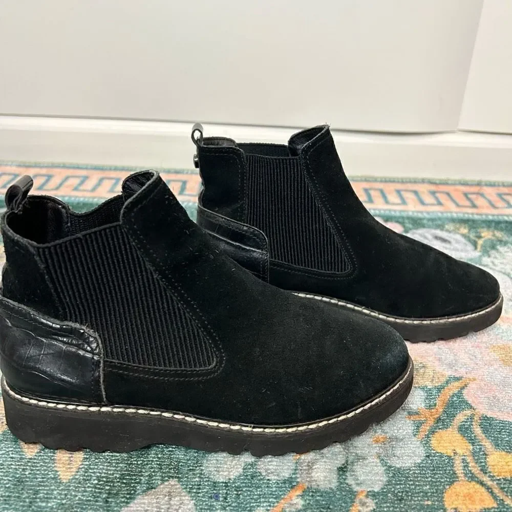 Donald Pliner Womens Carsyncs Black Ankle Boots Leather Suede 5 Block Heel Sole